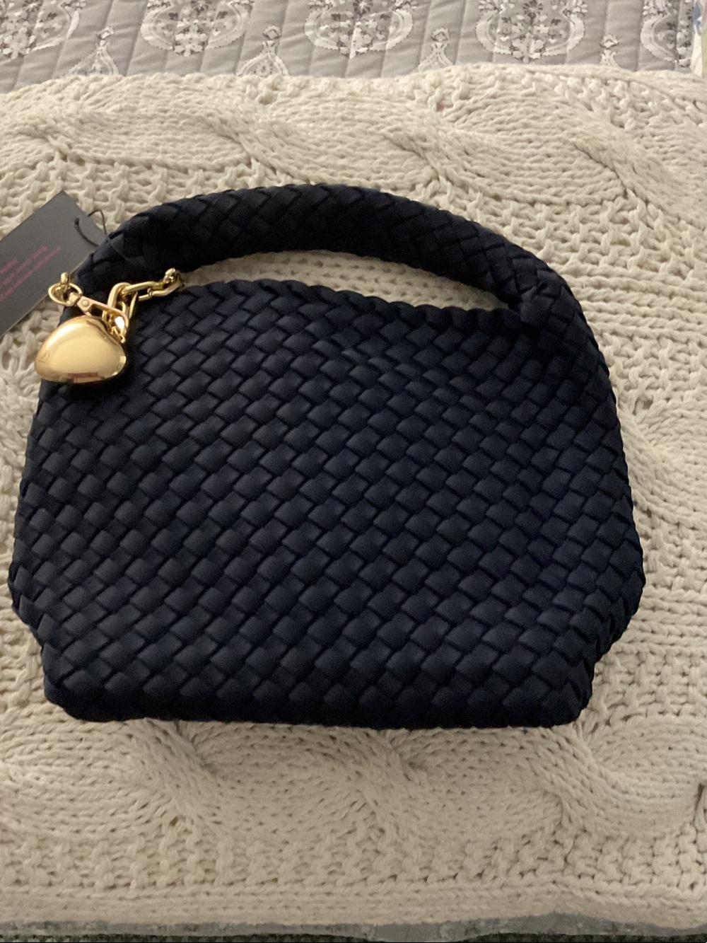 HAUTE SHORE Navy Woven Mini Bag with Gold Heart Charm